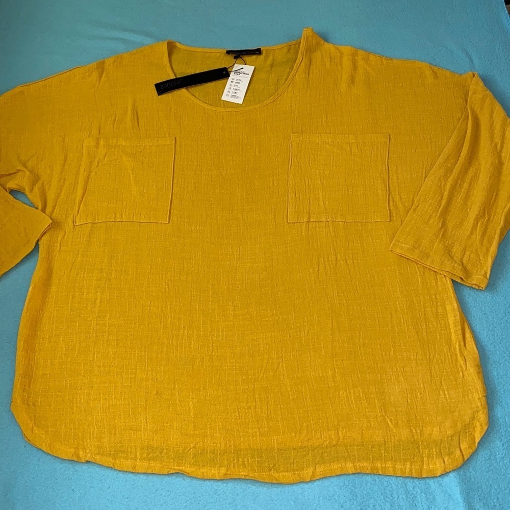 ZANZEA COLLECTION gauze pull over long sleeve chest pockets mustard NWT size 5X
